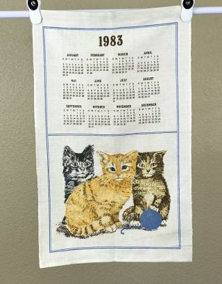 1983 Calendar Tea Towel Three Kittens Cats Cat Kitty Vintage 1980s 80s