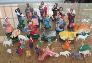 32 Different Vintage Miniature Plastic Nativity Figures,  1 One Piece Nativity