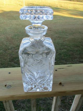 Vintage Square Crystal Cut Glass Whiskey Decanter Rose Pattern Very Heavy