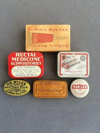 Vtg Apothecary Pharmacy Sample tins Manzan Rectal Medicone Anusol Dr Miles 1920 2