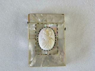 Victorian Visiting Calling Card Case Mother Of Pearl Inlaid Abalone Cameo C 1860