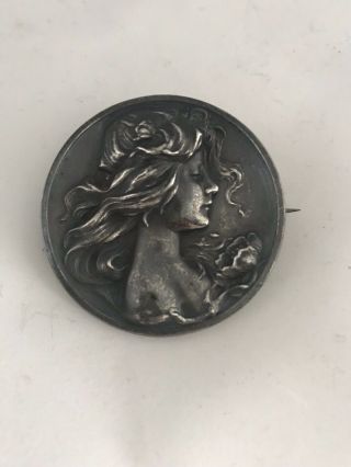 Antique Art Nouveau Sterling Silver Repousse Pin Brooch Woman 15g