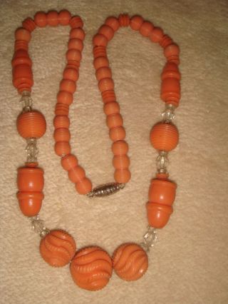 Vintage Art Deco 18 " Carved Faux Coral Celluloid Plastic & Crystal Bead Necklace