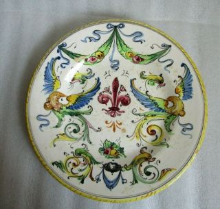 Vintage Antique Italian Majolica Signed 10 " Plate Hand Painted Yellow Blue Brown