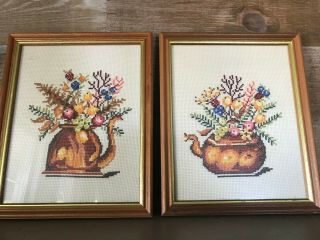 Cross Stitch Wooden Framed Wall Hanging Teapot And Flower Vintage Kitchen Decor