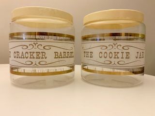 Vintage Mid Century Pyrex Cracker Barrel Cookie Jar Clear Glass Gold Foil 1960 