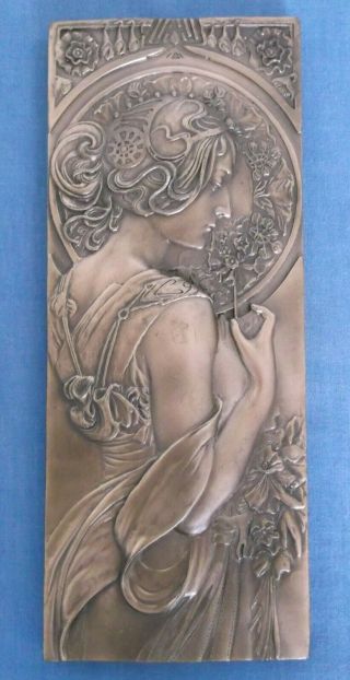 Vintage Past Times Alphonse Mucha Primrose Bronze Art Nouveau Lady Wall Plaque