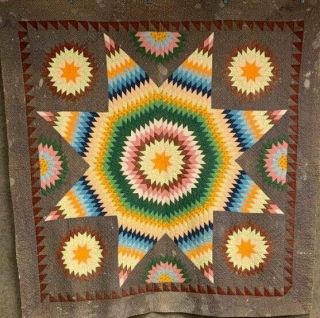 Antique Pa C 1860 - 70 Rising Sun Quilt Star Prussian Blue Browns