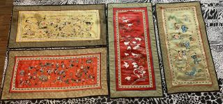 4 Antique Chinese Qing Dynasty Silk Hand Embroidery Scenery Panel 13” X 26”
