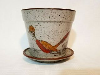 Vintage Stoneware Roadrunner Flower Pot Salt Glaze Earth Tone Otagiri Japan