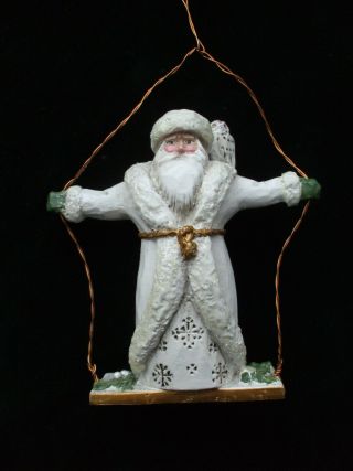 Vintage Christmas Tree Ornament Pam Schifferl White Santa Claus On A Swing Owl