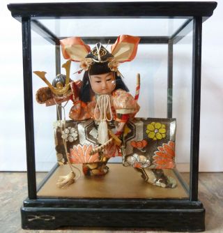 Vintage Japanese Samurai Warrior Doll In Black Lacquer Glass Case