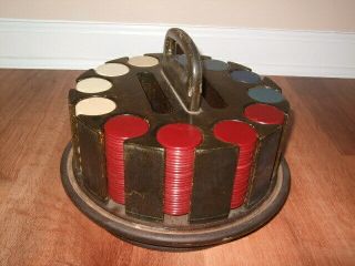 Vintage Antique Clay Poker Chips Wooden Caddy Set 300 Chips 1920 
