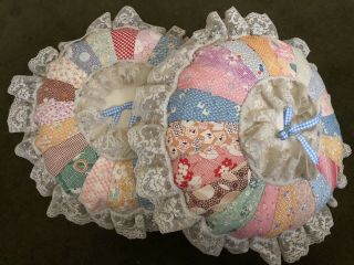Vintage Quilt Pillows With Lace.  Set Of 2.