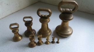 Antique / Victorian Set Of Graduated Brass Imperial Bell Weights.  - 7lbs