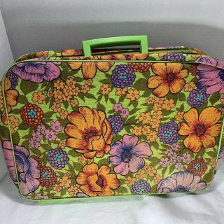 Vintage 70s Carpet Bag Green Pink Floral Mid Century Mod Hippie Travel Suitcase