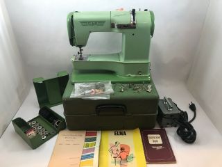 Vintage Elna Green Supermatic Sewing Machine W/ Accessories