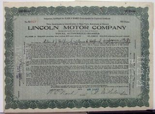1921 Lincoln Motor Co Stock Certificate Td 923 Notarized Memorabilia
