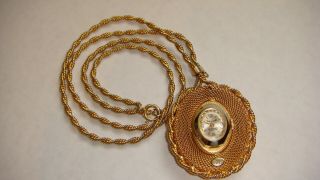 Vintage Signed Schiaparelli Swiss Made Watch Pendant Chain Gold Tone Green Stone