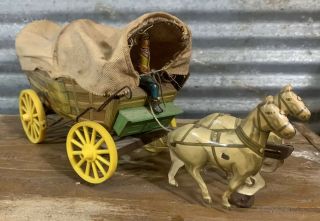 Vtg 40s 50s Tin Litho Embossed Horse Drawn Covered Conestoga Wagon Pull Toy Rare
