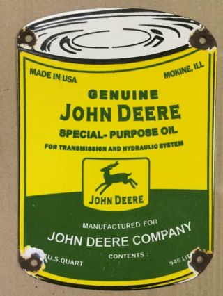 Vintage John Deere Special Purpose Oil Porcelain Enamel Sign 7 3/4 " X11 "