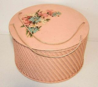 Vintage Pink " Princess " Round Wicker Sewing Basket Case Box,  Wood Lid,  Floral