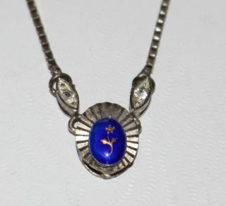 Vintage Sterling Silver Blue Enamel Golden Leaf Flower Pendant Necklace Chain