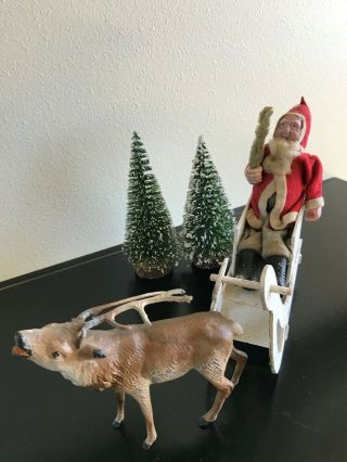 Antique German Metal Reindeer With Vintage Composition Santa & Pasteboard Sleigh