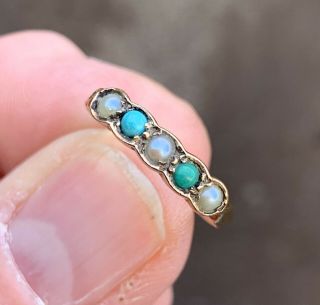 A Ladies Quality Early Antique 9ct Gold Turquoise & Pearl Ring,  C1900s