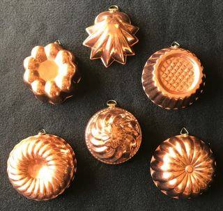 6 Vintage Small Copper Molds Tin Lined Scalloped Wall Hanging