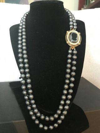 Vintage Black Cameo Clasp/pin Black Pearls Filagree