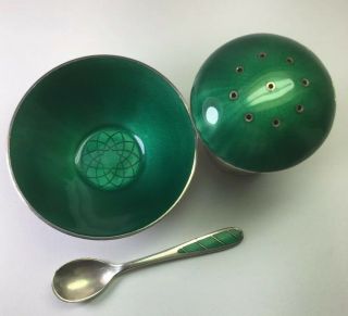 Vintage Ela Denmark Sterling Silver Green Enamel Salt Cellar Spoon & Shaker Set
