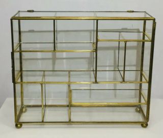 Vtg Brass Glass Case Ball Footed 10 Section Display Wall Or Desk Top Trinket Box