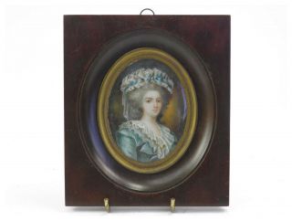 Antique 19th Century Portrait Miniature Painting Young Lady In Blue Dress & Hat