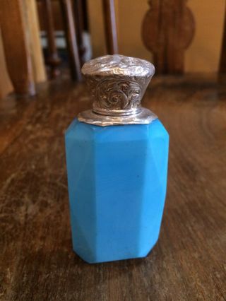 Solid Silver Topped Vintage Blue Opaline Glass Scent Bottle And Stopper
