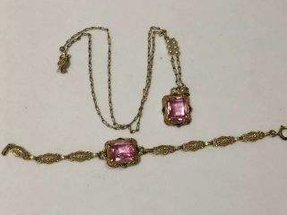 Vintage Czech Filigree Open Back Pink Art Noveau Deco Necklace & Bracelet Set