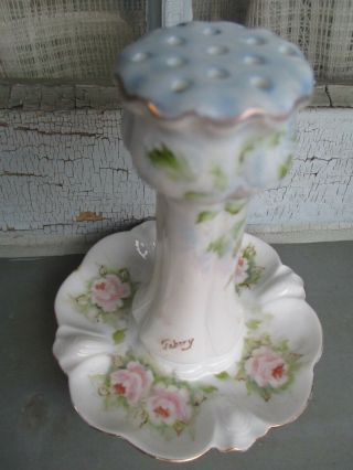 Vintage Porcelain Hat Pin Holder Hand Painted Floral Design Signed Tabory