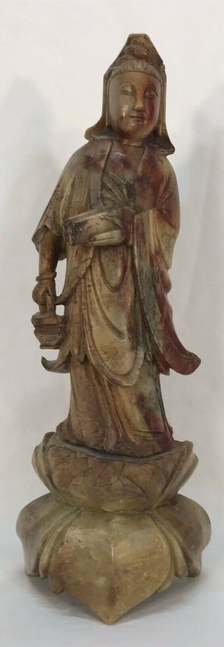 Antique Vintage Chinese Carved Soapstone Woman Lotus Flower Statue Sculpture