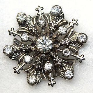 Vintage Brooch Pin Snowflake Silver Toned Clear Rhinestones Holiday 1 1/2 "