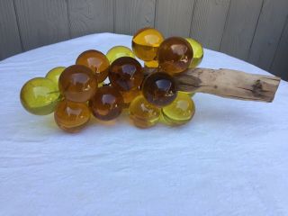 Large Vintage Lucite Acrylic Resin Grape Cluster On Driftwood Stem Amber 12 "