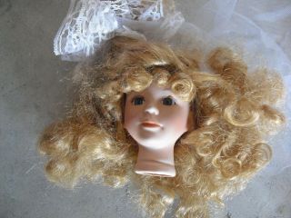 Vintage 1980s Porcelain Long Blonde Hair Girl Doll Head And Neck 4 " Tall