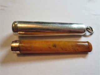 Vintage 9ct Gold & Amber Cigarette,  Cheroot Holder & Solid Silver Case - C1911