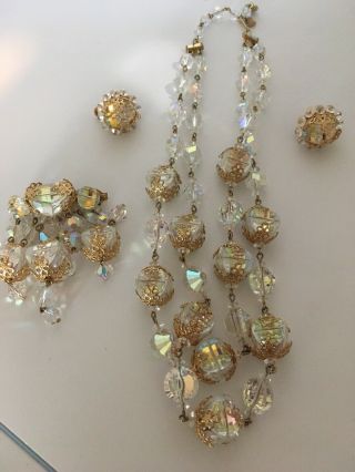Dazzling And Rare 3 Piece Set Vintage Vendome Necklace,  Brooch,  Clip Earrings