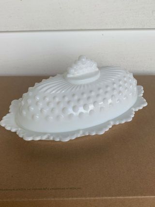 Vintage Fenton White Milk Glass Hobnail Oval Covered Butter Dish Crown Edge