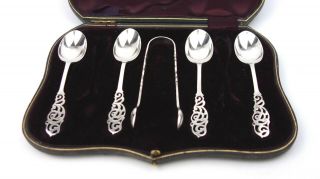 Antique Victorian Sterling Silver Teaspoons & Tongs Arts & Crafts Edinburgh 1883