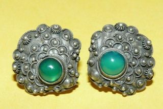 Vtg Art Deco Nouveau Sterling Silver W/ Green Onyx Ornate Screw - Back Earrings