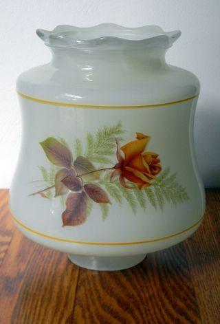 Vintage Milk Glass Lamp Shade With A Gold Rose With Leaves.  3 Inch Fitter
