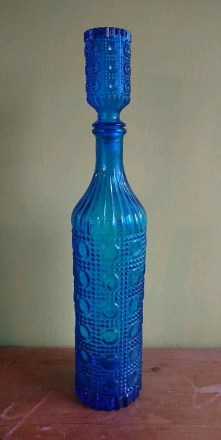 Vtg Retro Blue Cut Glass Large Decanter Genie Bottle 60s Italian Geometric 45cm