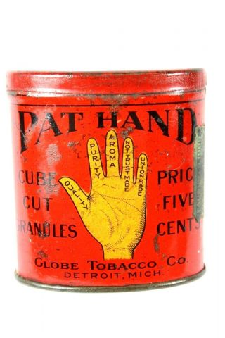 Vintage Pat Hand Oval Vertical Tobacco Tin - Globe Tobacco Co.  Detroit,  Mich.