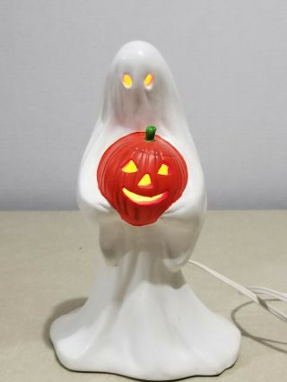 Vintage 1978 Ceramic Halloween Ghost Light Up Holding Jack O Lantern Light Up